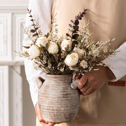 Vanselia Ceramic Flower Vase Home Decor - Farmhouse Table Vases with Handle Living Room Decoration Vintage Decorative Aesthetic for Shelf Coffee Dining Desk House Bookshelf Fireplace (6" Rustic) - color: 6" Retro