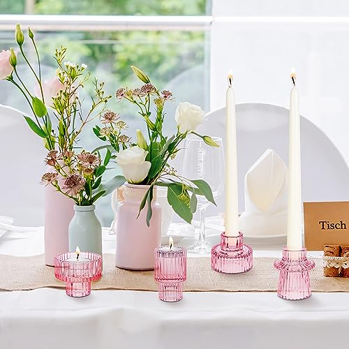 Taper Votive Candle Holder for Pillar Candles Tealight, Candlestick Holder for Wedding Christmas Tea Party, Boho Ribbed Vintage Crystal Glass Table Centerpiece Decor, Bulk Set of 6 (Pink) - color: Pink