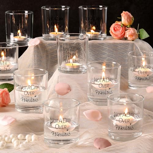 HAVITI 12PCS Votive Candle Holders Birthday Gifts for Women, Not A Day Over Fabulous Glass Tea Light Holder, Clear Floating Tealight Candle Holder Funny for Mom Sister Friends