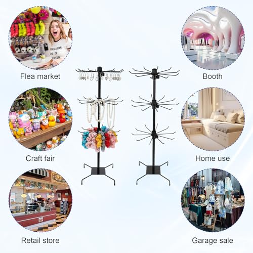 COMNICO 2 Pcs Retail Display Stand, 3-Tier Rotating Rack Black Metal Necklace and Bracelet Organizer Jewelry Stand Heavy Duty Adjustable Countertop Stands for Retail Earring Keychains Jewelry