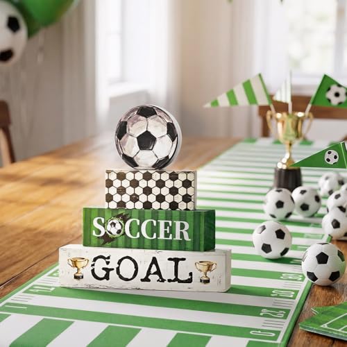 Smile Soccer Wooden Block Decor Set, 4-Piece SOCCER GOAL & Tiered Tray Tabletop Signs with Soccer Ball Figurine for Game Day & Sports Party Decorations - style: Soccer
