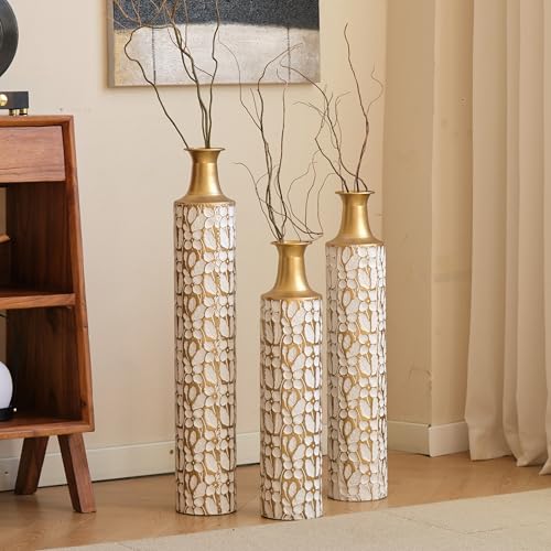 Floor Vases, Tall Home Decor Metal Vase Set of 3 Large Glazed Decorative Vases for Wedding Decor, Elegant Modern Flower Holder for Living Room, Entryway, Hallway, Dining Room - color: Pebble Ivory Gold