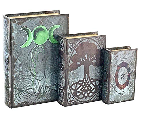 Bellaa 28229 Decorative Book Box Antiques Vintage Retro Invisible Secret Storage Faux Leather Wood Magnetic Set of 3 Tree of Life Triple Moon Pentacle - style: Triple Moon