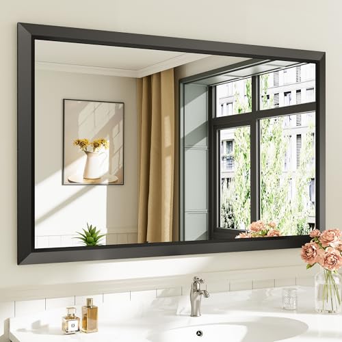 Briivue 48x30 Inch Black Bathroom Mirror for Wall, Thick Metal Framed Rectangle Mirrors for Over Sink, Bedroom, Living Room, Entryway, Anti-Rust, HD Tempered Glass - color: Black, size: 48"L x 30"W