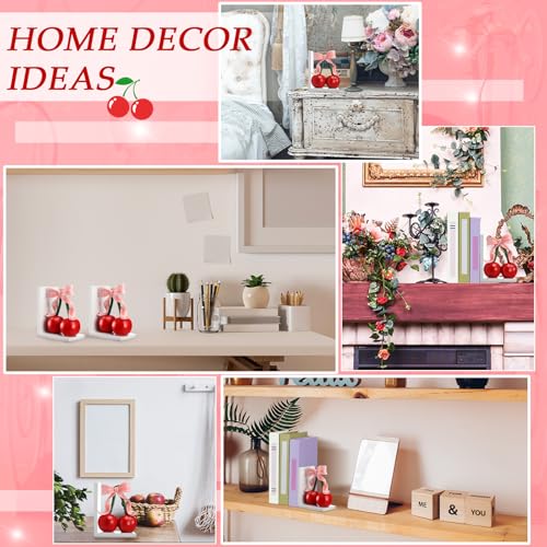 2 Pcs Pink Bow Cherry Bookends Wooden Pink Bookends Shelves Coquette Room Decor Cute Cherry Figurine Book Ends Bow Nursery Decoration for Bedroom Home Office Nursery Birthday Gift - style: Cherry