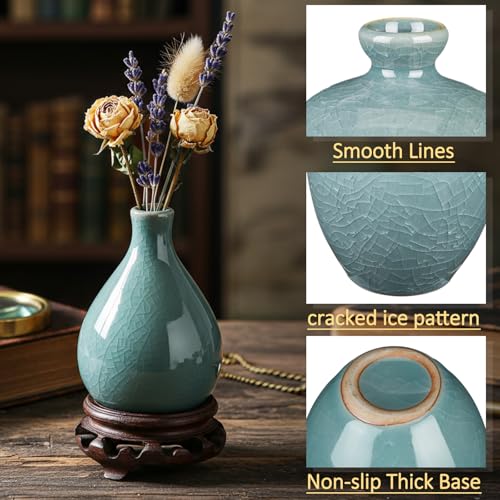 FoldTier 6 Pcs Green Mini Ceramic Bud Vase Vintage Flower Vases Ice Cracked for Farmhouse Rustic Boho Style Table Shelves Home Office Decor Gifts(Classical,Green)