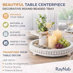 RayNab Farmhouse Round Wooden Beaded Tray – 12" Whitewashed Rustic Decorative Wood Tray for Coffee Table, Kitchen Centerpiece, Ottoman or Serving Snacks