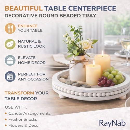 RayNab Farmhouse Round Wooden Beaded Tray – 12" Whitewashed Rustic Decorative Wood Tray for Coffee Table, Kitchen Centerpiece, Ottoman or Serving Snacks