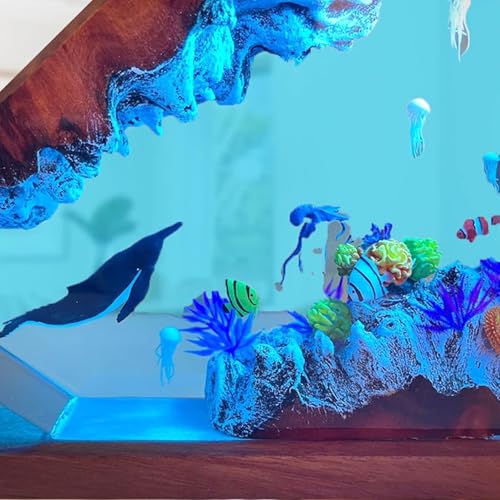 Ocean Creative Epoxy Resin Wood Light Lamp, Handmade Multi Color Aquatic Ocean Lamp Deep Sea Diver Cave Diving Enthusiasts Led Night Light Desktop Decor Christmas Birthday Gift (Jellyfish, S) - color: Jellyfish