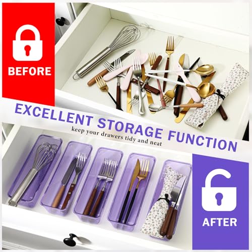 Maitys 12 Pcs Clear Drawer Organizer 9 x 3 x 2 Inches Plastic Rectangle Trays Makeup Vanity Storage Bins and Kitchen Drawers Dividers for Office Desk Silverware Kitchen Utensils(Purple) - color: Purple, size: 9 x 3 x 2 Inches