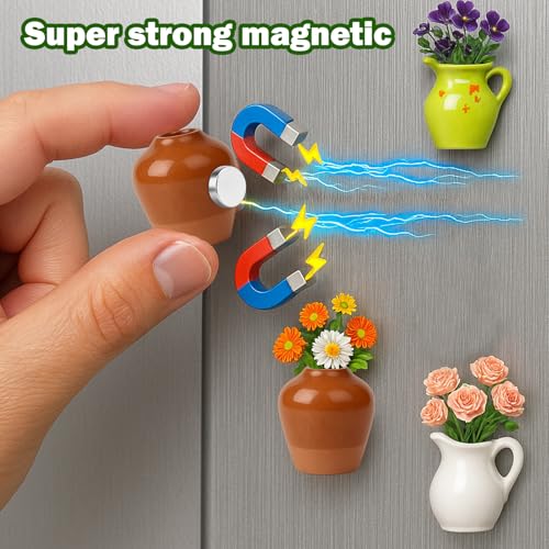 Juome Mini Vase Magnets for Fridge - 6PCS Cute Tiny Ceramic Magnet Vases for Flowers Plant, 3D Mini Magnetic Vases for Refrigerator Kitchen Locker Office Decoration (Include Flower) - color: 6pcs+flower