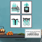 Blue Glam Wall Art - Designer Perfume, Shoes, Handbags - High Fashion Design Gift for Fashionista - Luxury Couture Wall Decor Poster Print Picture Set for Women, Girls Bedroom, Teens Room - size: 8x10