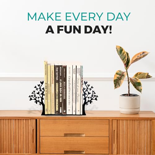 Tree Bookends with Heart-Shaped Leaves - Steel with Epoxy Coating and Wood Base - Decorative Pair of Book Holders for Shelves and Desk - Black – Geguton - color: Flower-heart Tree - Black