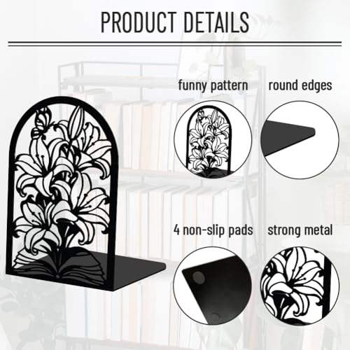 WADORN 1 Pair Lily Flower Decorative Bookends Reading Gift for Floral Lovers and Reading Enthusiasts Black Heavy Duty Book Stand Unique Book Holder Stopper for Home Office Library 5.3x4.3x7.9 Inch - color: Lily Flower