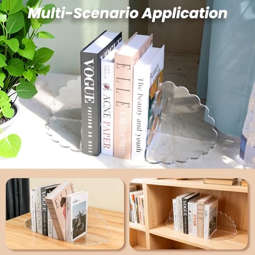 Scalloped Acrylic Bookends 4 Pack, Heavy Duty Clear Book Holder Stands with Non-Slip Pads for Large Books, Files, CDs & Games, Modern Shelf & Office Organizer - color: 4 Pcs