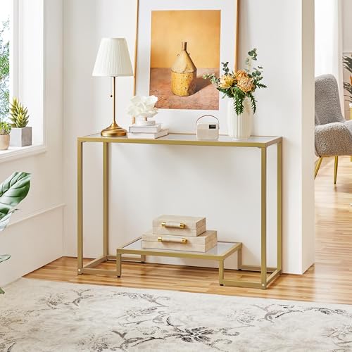 Yaheetech 42 Inch Console Table, Tempered Glass Entryway Table, Narrow Sofa Tables, 2-Tier Hallway Tables, Entrance Stand for Living Room Bedroom, Gold - color: Gold