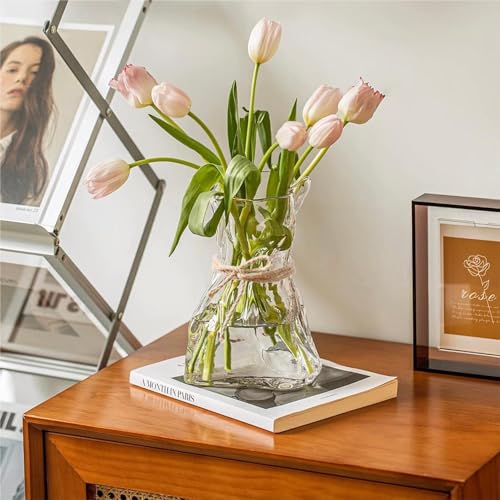 FOWSEEK 6 Inch Small Glass Flower Vase, Irregular Clear Flower Vases for Centerpiece Table Indoor Desk Decor, Modern Art Decorative Vase for Home Office Wedding Bookshelf Housewarming Gift - color: Clear, size: Small