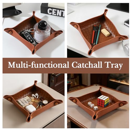 KINIVA PU Leather Jewelry Valet Tray for Men Women,Small Key Bowl for Entryway Table,Portable Travel Catchall Dice Tray (Square-Brown-2pcs) - style: Square-Brown-2pcs