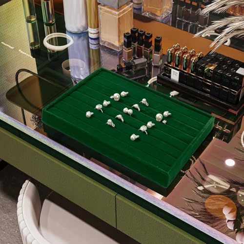 7 Slots Velvet Jewelry Tray Ring Earring Display Tray Jewelry Drawer Organizer Ring Earring Holder Storage (Green) - size: 7 Slots for Ring/Earring