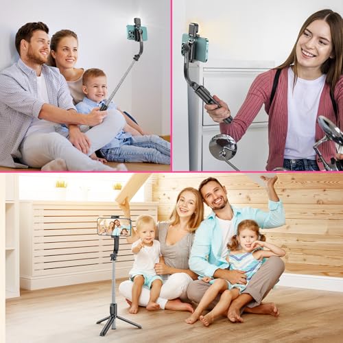 Selfie Stick Tripod with Fill Light, All in One Extendable Selfie Stick with Detachable Wireless Remote, Flexible Phone Tripod Stand Compatible with iPhone/Galaxy, Compact Size & Lightweight - style: Black & With Light