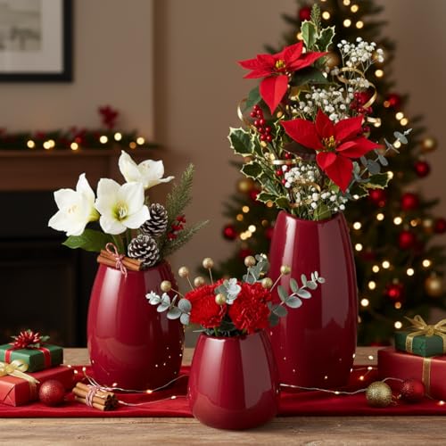 hjn Ceramic Vase Set of 3 Red Flower Vase for Home Decor, Modern Decorative Vase for Flowers Vases for Your Ideal Shelf Decor/Table/Living Room/Kitchen/Office-Red… - color: Red