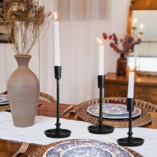 Rustic Cast Iron Taper Candle Holder - Set of 3 Vintage Candle Stands, Candlestick Holders for Wedding, Dining, Party Décor (Black) - color: Black