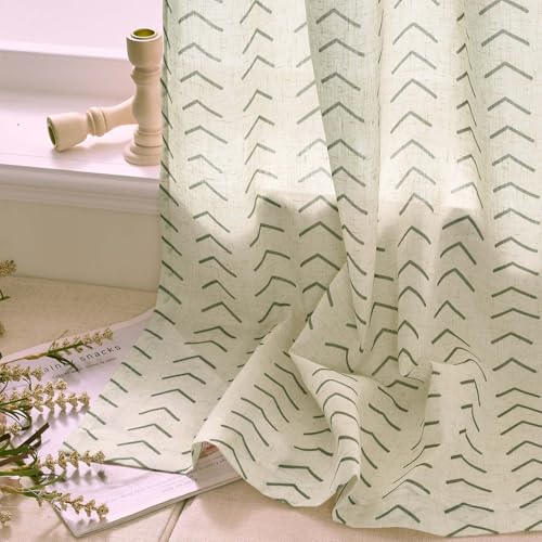 jinchan Boho Linen Blend Kitchen Curtains 36 Inch Length Herringbone Printed Tier Curtains for Small Windows Bathroom Cafe Laundry Room Set of 2 Rod Pocket Green on Linen - color: Arrow | Green on Linen, size: 26"W x 36"L (Pack of 2)