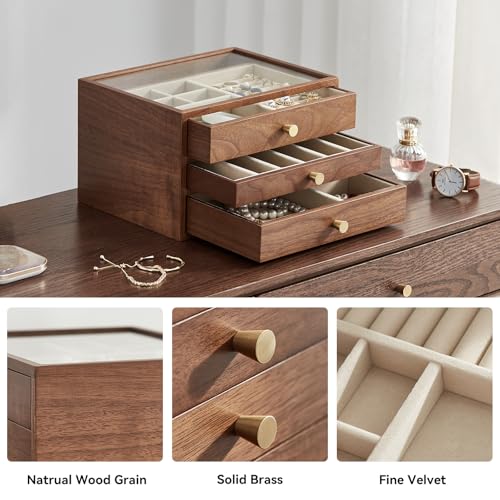 CHOSIN Black Walnut Wooden Jewelry Box for Women, 3-Layer Wood Jewelry Organizer with Glass Lid for Watches, Necklaces, Rings & Earrings Storage Mothers Day Gifts for Mom - style: 3 Layer