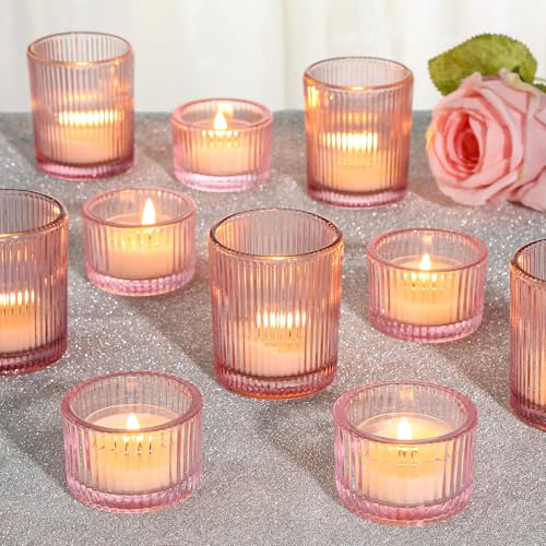 SUPMIND 24 Pcs Glass Votive Candle Holders – Assorted Ribbed Pink Tea Light Holders Bulk for Weddings, Baby Showers, Parties, Home Décor, and Table Centerpieces - color: Pink