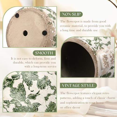 Ceramic Green Scroll Planter 6.5 Inch Chinoiserie Floral Vase with Drainage Holes Vintage Flower Vase Flower Pot Rustic Ceramic Pots for Indoor Plants Flowers Garden Home Bookshelf Decor - style: Green Floral