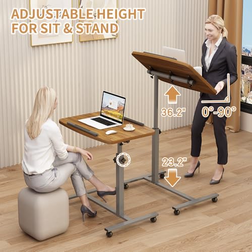 Furist Laptop Lap Desk, Mobile Adjustable Overbed Bedside Table with Wheels, Portable Standing Bed Desk, Rolling lapdesk Lap desks for Adults with Casters& Mouse Pad - color: Light Walnut