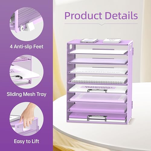 DALTACK 9-Tier Paper Organizer for Desk, Mesh Letter Tray Desk Organizer with Handles, Space-Saving File Organizer for Office Home School, Purple - color: Desk Organizer Purple