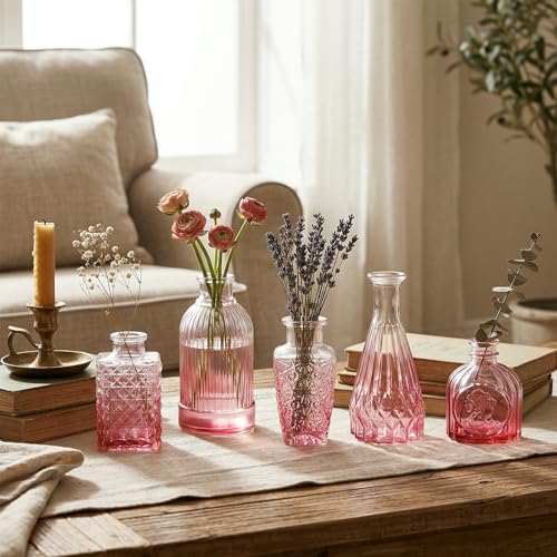 12 Pack Pink Glass Bud Vase Set, Small Vintage Vases for Centerpieces, Decorative Flower Vases for Wedding Home Table Decor - color: Pink, size: 12pcs
