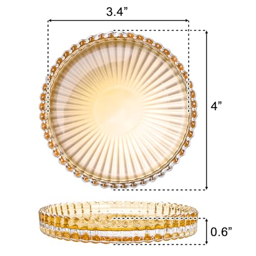 Elsjoy 8 Pack 4 Inch Glass Coasters for Drinks, Amber Tone Modern Clear Coaster Set, Round Crystal Glass Pillar Candle Holder Plates for Table Centerpieces, Home Decor