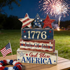 4th of July Table Decorations Patriotic Memorial Day Tiered Tray Decor Wooden Star Block Signs Independence Farmhouse 250th July Fouth Centerpiece for Tables Wooden Sign for Home Decor - style: July Fouth Star