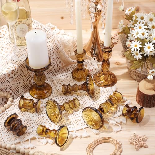 Mumufy 10 Pcs Glass Crystal Taper Candle Holders Clear Glass Candlestick Holder Fit 0.8 Inch Candles Crystal Decorative Candle Stand Centerpiece Table Wedding Dining Party (Classic,Brown) - color: Brown