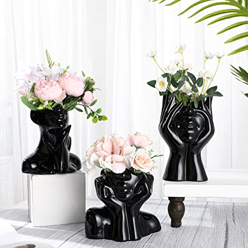 Sieral 3 Pcs Ceramic Face Vase Female Form Flower Modern Body Vase for Decor with Head Half Body Bust Centerpiece for Table Shelf Home Bedroom Room Office(Small,Black) - color: Black, size: Small