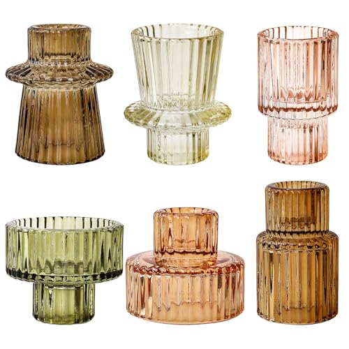 Brown Candlestick Holders 6PCS for Tealight Candle Stick Candles, Ribbed Glass Taper Candle Holders Set, Table Centerpieces for Thanksgiving Christmas Farmhouse Decor Indoor and Outdoor - color: Brown