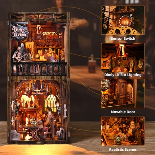 Book Nook Kit, Book Nook Kits for Adults DIY Booknook Model Build, DIY 3D Wooden Puzzle Bookend Booknook Bookshelf Insert Miniature Dollhouse Kit for Home Decoration - style: The Ancient Bar
