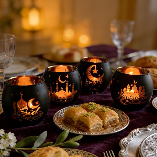 Eid Mubarak Glass Tea Light Candle Holders, Votive Tealight Holder Table, Centerpiece Decorations for Muslim Party Decor (Ramadan) - color: Ramadan
