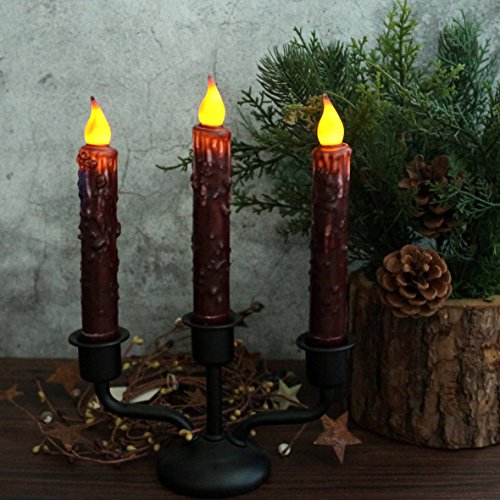 CVHOMEDECO. Real Wax Hand Dipped Battery Operated LED Timer Taper Candles Country Primitive Flameless Lights Décor, 6-3/4 Inch, Burgundy, 2 PCS in a Package - color: Burgundy 2 Pcs