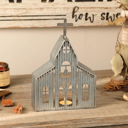 Church Shaped Tea Light Candle Holder Farmhouse Galvanized Metal Candle Holder Vintage Decorative Tealight Holder for Table Centerpiece Decoration - 6.22" x 1.97" x 9.25" - size: Crucifixion Church