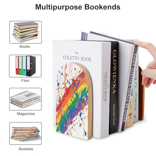 Colorful Paint Splatter Art Bookend for Shelves Study Wood Bookend Support Heavy Duty Book End Non-Skid Decorative Book Stopper Book Organizer for Home Office Desktop Organizer 1 Pairs
