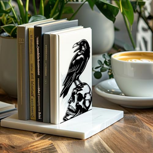 Peacoblue Metal Bookends for Shelves, Modern Decorative Heavy Duty Study Book Support Stoppers for Office, Desk, Shelf, Room 5.3"x4.3"x7.4" Cast Iron Simple Tall Bookends, 1 Pair (Crow and Skull) - style: Crow and Skull
