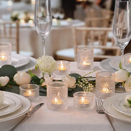 NITIME Glass Votive Candle Holders Set of 24, Assorted Heights Polka Dot Tea Light Holders for Wedding Centerpieces, Table Decor, Party & Home Decoration, Fits Standard Votives & Tea Lights - color: Clear