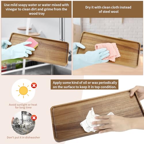 2 pcs 15.7" x 7" Large Solid Acacia Wood Serving Trays Rectangular Wooden Serving Platters Natural Wooden Boards for Bar Coffee Party - size: 15.7" x 7" x 1.2"