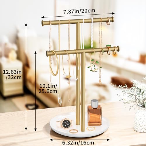 Gold Necklace Rack Stand with Storage Tray - 2 Rods T-Shaped Jewelry Holder Stand for Bracelets, Earrings, Rings | Elegant Vanity & Dresser Top Storage for Women. - color: Gold