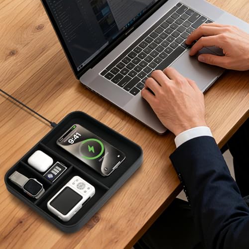 VOVIPO Birthday Gifts Bedside Organiser-Faux Leather Valet Tray With Wireless Charger For Phone And Earbuds,Nightstand Organizer,Mens Jewelry Box,Office Desk Organizers - color: Black