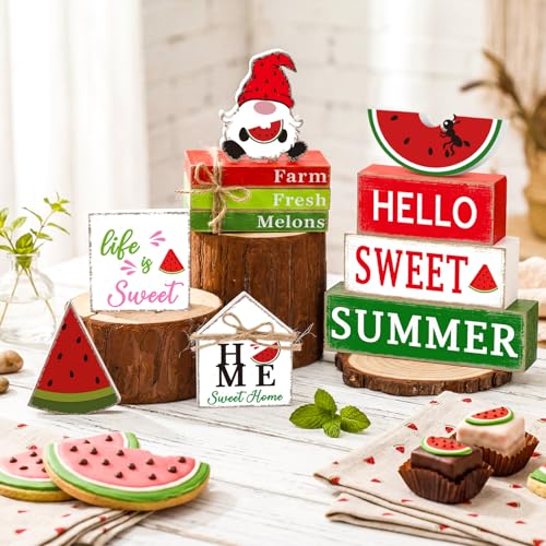 Vercraft 11 Pcs Watermelon Table Decorations Set Watermelon Tiered Tray Decor Summer Wooden Top Farmhouse Rustic Wooden Table Centerpieces for Home or Kitchen Office Decorations - style: Watermelon