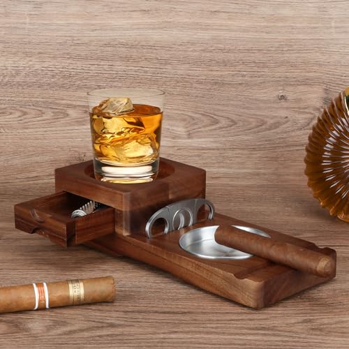 Scotte Ashtray Coaster Whiskey Glass Tray & Wooden Ash Tray with Cigar Cutter, Includes Drawer and Cigar Slot - Great for Home, Office or Outdoor Use (Deep Brown) - color: Deep Brown